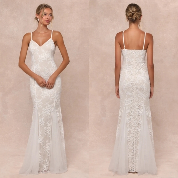 Lulus Dresses & Skirts - Lulus Immaculate Grace White and Beige Lace Mermaid Maxi Dress Wedding Party